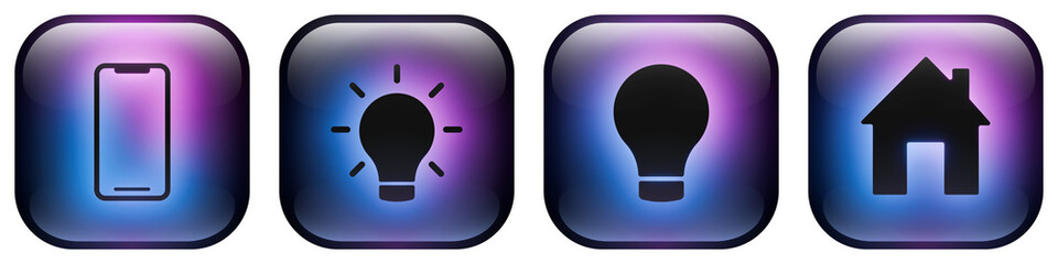 Glass rounded square button icons featuring Smart Home symbols with Blue and Purple Neon Glow. Smartphone, House, and Idea Bulb icon pack.