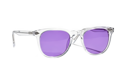 Clear framed sunglasses with vibrant purple lenses isolated on black eyewear accessory
