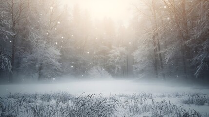 Snow-covered forest glade with frosty grass and trees in misty winter landscape