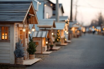 Cozy Christmas Market Scene: Capturing the festive ambiance of a charming street market, where each tiny shop is adorned with warm lights and holiday decorations, evokes a sense of holiday spirit.