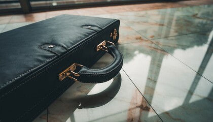 A sleek black leather briefcase with gold hardware resting on a polished marble floor