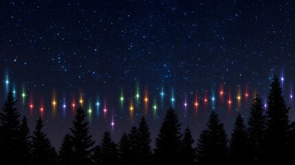 Vibrant spectrum of lights shine against a starry night sky over dark evergreen silhouettes
