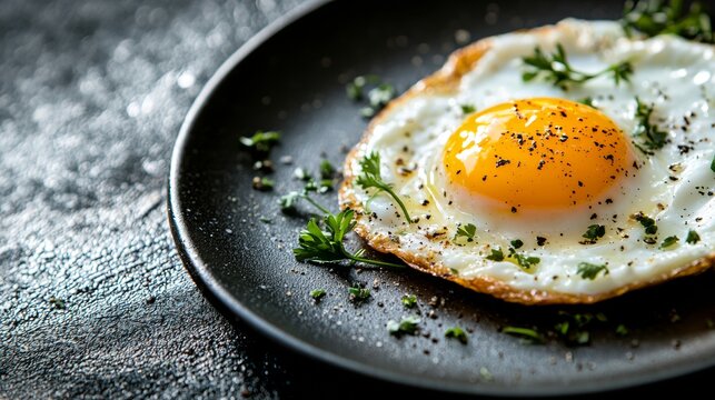 Fried egg served on a black plate with herbs and spices ready for breakfast or brunch
