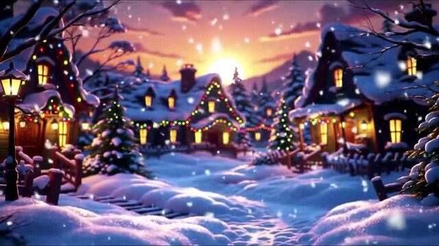 A serene winter village scene at sunset with snow-covered houses and trees