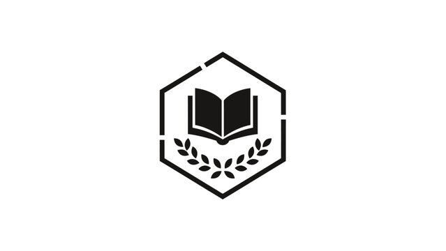Black and white logo featuring an open book within a hexagon with laurel leaves