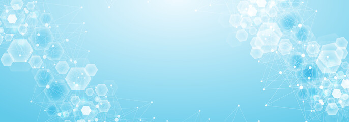 Health care abstract background with hexagons, lines and dots. Medical innovation banner template concept. Biology and pharmaceutical technology background, illustration.