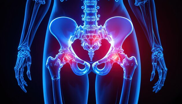 Human skeleton with highlighted hip and lower back pain