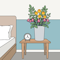 Flowers and clock on a bedside table