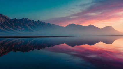 Lac au pieds des montagne au coucher du soleil