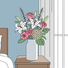 Vase with flowers on a bedside table