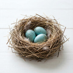 Obraz premium Bird nest with blue eggs on white wooden background for spring nature concept
