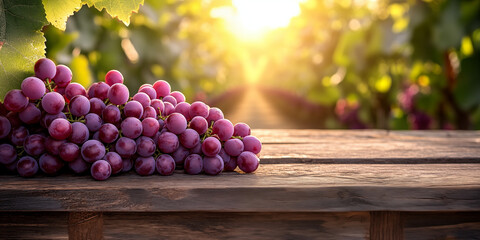 Ripe purple grapes on wooden table with vineyard background glowing under warm morning sunlight, perfect for food advertising, wellness branding, organic product packaging