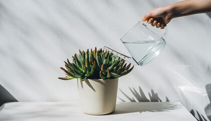 白い壁を背景に多肉植物へ水を注ぐ手元、左側に広いコピースペースがあるスマホバナー向けライフスタイル素材