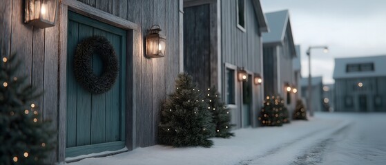 A charming, snow-covered street in a quaint village, festive doors and sparkling lights create a warm, inviting atmosphere. The scene evokes a sense of peace and seasonal spirit.
