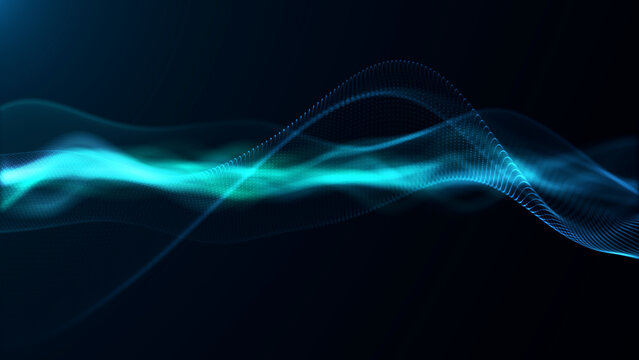 Abstract blue cyan energy wave with smooth flowing motion on dark background, glowing digital waveform loop with futuristic depth and soft particle dynamics