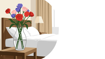 Flowers on a bedside table with a hotel room background and copy space