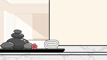 Stack of stones with a folded towel on a spa background and copy space