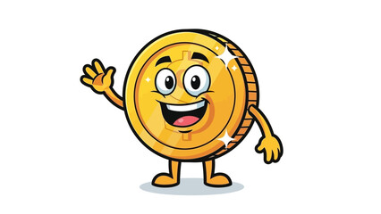 Obraz premium Happy cartoon gold coin character waving and smiling