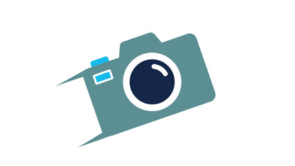 A teal and blue stylized camera icon angled on white, with wings