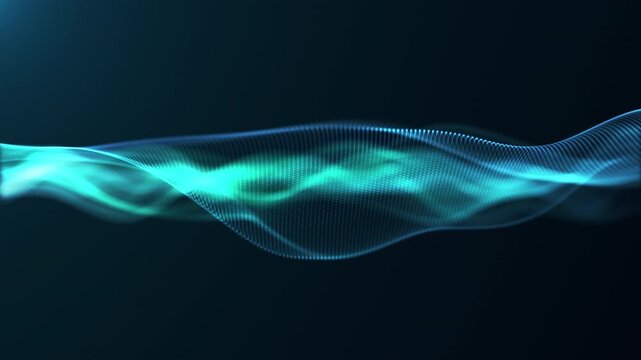 Abstract blue cyan energy wave with smooth flowing motion on dark background, glowing digital waveform loop with futuristic depth and soft particle dynamics