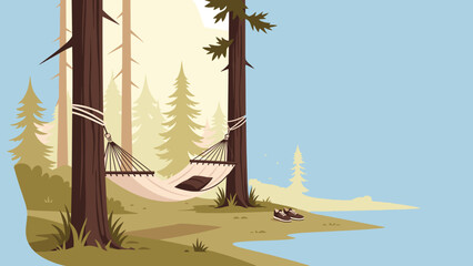 Hammock tied between two pine trees near a lake with copy space