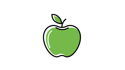 Green apple illustration with black outline and a leaf on a white background