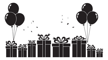 A festive collection of black silhouette gift boxes of various sizes and balloons arranged on a clean white background.