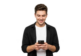 Young man smiling while looking at his smartphone isolated on transparent background