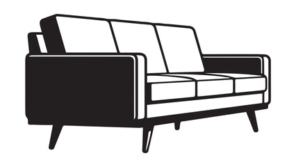 Black and white graphic illustration of a modern sofa.