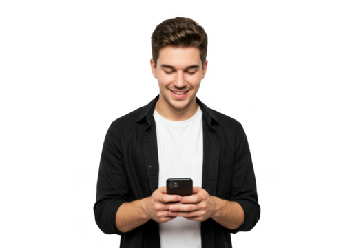 Young man smiling while looking at his smartphone isolated on transparent background - Powered by Adobe