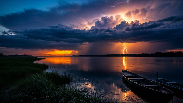 Stormy lakeside with lightning and moored boat at dusk - Powered by Adobe