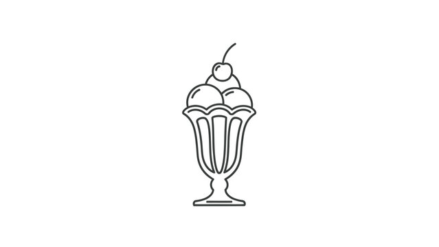 Line art illustration of an ice cream sundae in a decorative glass with cherry topping