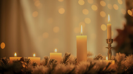 Soft candlelight glows in a cozy festive setting with warm bokeh lights and evergreen décor. Elegant candles create a calm, peaceful holiday mood, perfect for winter evenings and celebrations.