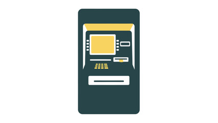 A flat illustration depicts a simplified ATM, teal with gold and white accents