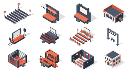 Obraz premium Isometric event venue set with stages and seating arrangements