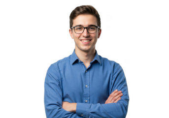 Young man wearing glasses and blue shirt smiling arms crossed isolated on transparent background