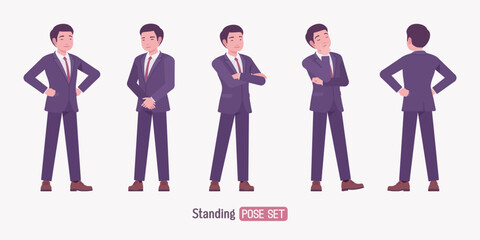 Stylish asian businessman in formal suit standing pose set. Male top manager elegant office interview outfit business look, mens fashion, confident executive. Vector flat style cartoon illustration