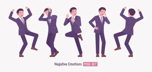 Stylish asian businessman in formal suit negative emotions pose set. Male top manager elegant office interview outfit business look, angry confident executive. Vector flat style cartoon illustration