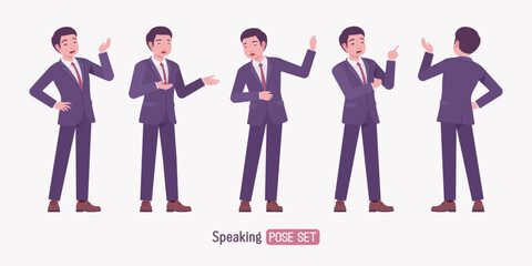 Stylish asian businessman in formal suit speaking pose set. Male top manager elegant office interview outfit business look, mens fashion, confident executive. Vector flat style cartoon illustration