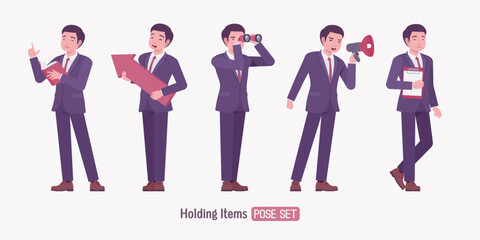 Stylish asian businessman in formal suit holding items pose set. Male top manager elegant office interview outfit business look, fashion, confident executive. Vector flat style cartoon illustration