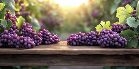 Ripe purple grapes on wooden table with vineyard background glowing under warm morning sunlight, perfect for food advertising, wellness branding, organic product packaging
