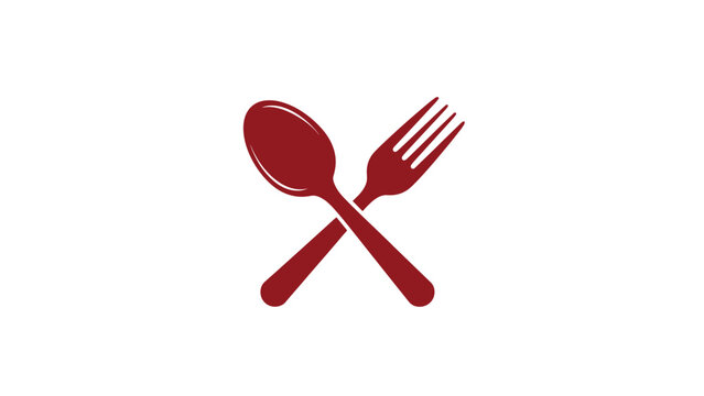 A red spoon and fork are crossed, centered on a white background. Simple and graphic