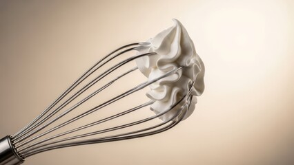 Freshly beaten egg whites forming swirls on a mixer tool ready for baking.