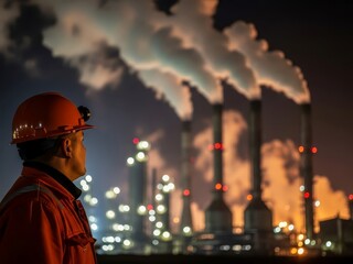 Obraz premium Industrial worker profile in a safety helmet looking at a smoking factory at night.