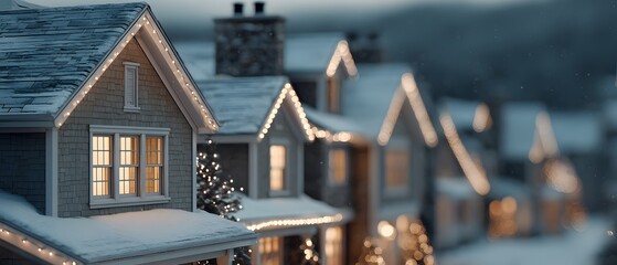 A festive display of a row of illuminated houses, adorned with twinkling lights and snow, evoking a sense of warmth, peace and togetherness. 