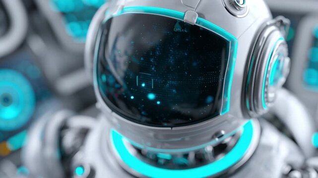 Close-up of futuristic astronaut robot in a spacecraft cockpit as camera slowly pushes in, cyan instrument lights pulse, visor reflections drift, and the head turns slightly with calm focus.