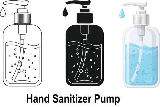 Set of hand sanitizer pump icons in outline silhouette and color vector styles representing hygiene and cleanliness for health and safety concepts isolated on white