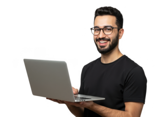 Smiling man with glasses holding a laptop isolated on transparent background