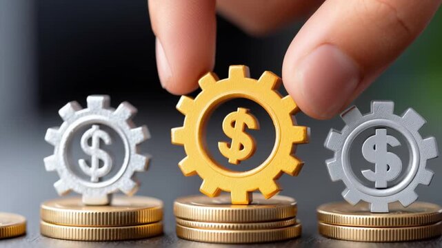 Close-up hand lowers a gold dollar gear onto stacked coins beside silver gears, aligns it in place, then releases as coins gleam, illustrating investment growth and profit planning.