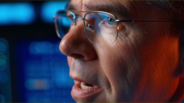 Close-up of focused male cybersecurity analyst in glasses watching blue data screens at night, his eyes track alerts, lips move while speaking, and he turns slightly during incident monitoring.